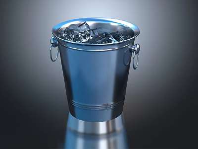 Stainless Steel Ice Bucket Filled With Ice Cubes On Reflective Surface 3d model