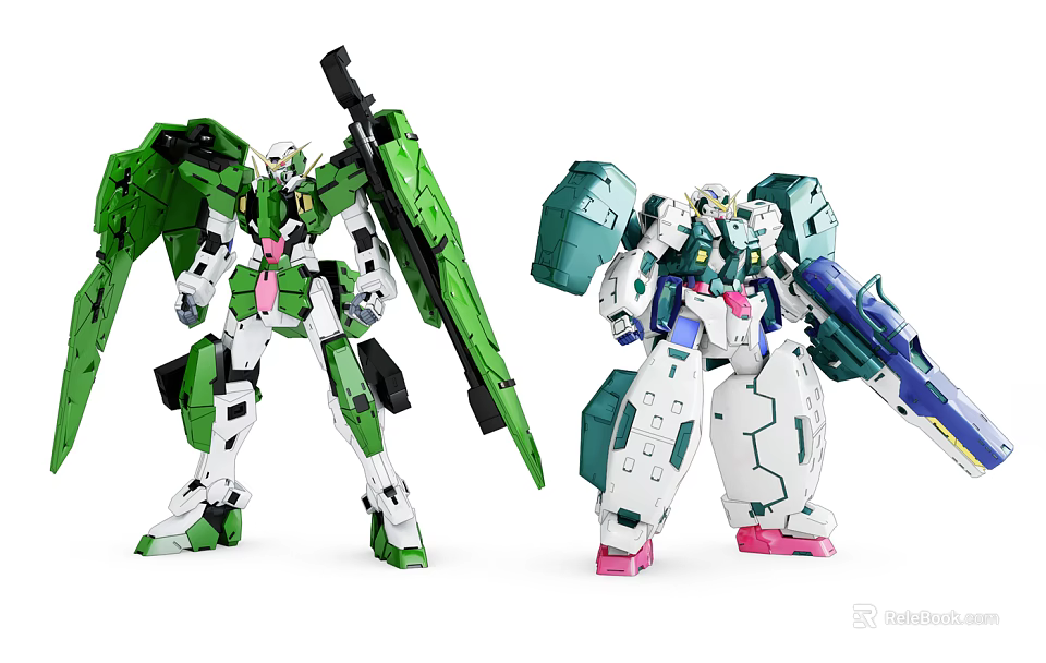 Smart Robot Models With Detailed Green White Blue Pink Design And Weaponry 3d model 