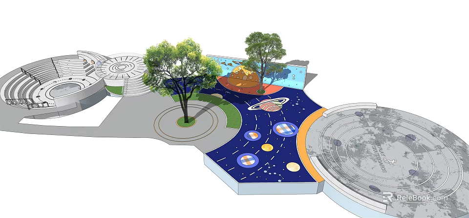 Outdoor Recreational Area Featuring Trees Blue Ground Circular Design And Planet Patterns 3d model