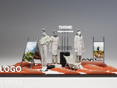 Fashion Retail Display With Mannequins Theme Signage Logo Posters And Orange Wavy Floor 3d model