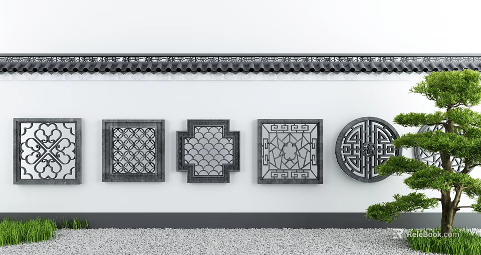 Traditional Chinese Building Exterior Wall With Carved Lattice Panels And Tile Roof Eaves 3d model 