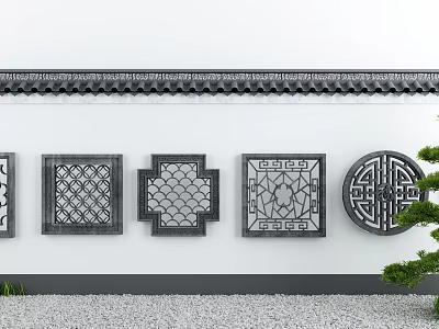Traditional Chinese Building Exterior Wall With Carved Lattice Panels And Tile Roof Eaves 3d model