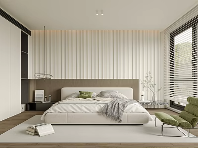 Modern Bedroom Design With Vertical Slat Wall Green Pillows Gray Blanket Green Chair And Blinds 3d model