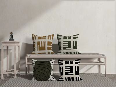 Modern Geometric Pattern Pillows in Brown Green Black White for Home Decor on Bench 3d model