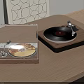 Stylish Audio Turntables With Transparent Cover Golden And Black Records On Wooden Desktop