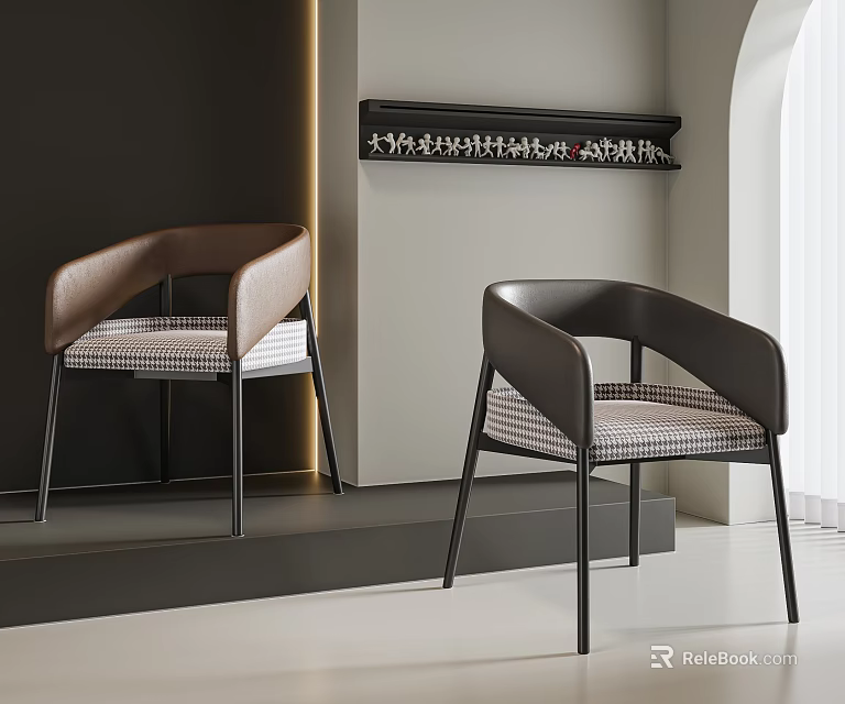Modern Dining Chairs Featuring Curved Backrest Plaid Fabric Seat And Metal Legs In Minimalist Room 3d model 