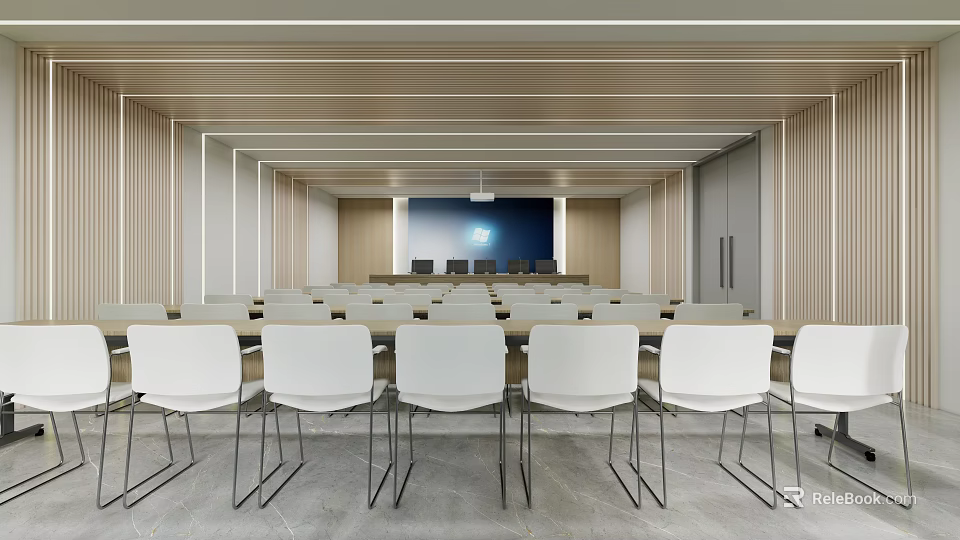 Modern Conference Room Interior With Neatly Arranged White Chairs And Projection Screen 3d model 