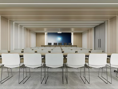 Modern Conference Room Interior With Neatly Arranged White Chairs And Projection Screen 3d model