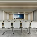 Modern Conference Room Interior With Neatly Arranged White Chairs And Projection Screen