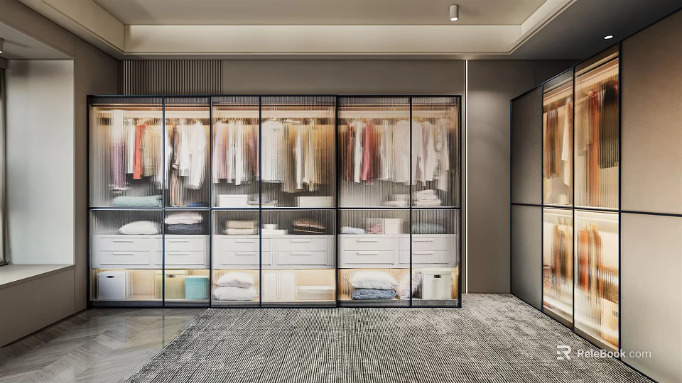 Elegant Modern Walk in Closet Interior With Glass Door Wardrobes Hanging Clothes And Storage Drawers 3d model 
