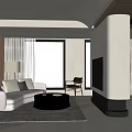 Minimalist Living Room With Beige Sofa Black Round Coffee Table Large Windows And Wooden Accents