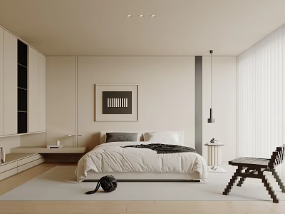 Modern Bedroom Interior Design With White Bed Wardrobe Curtain Windows And Light Carpet 3d model