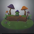 Cute Frog Sitting on Wooden Log Surrounded by Colorful Mushrooms Green Grass and Leaves