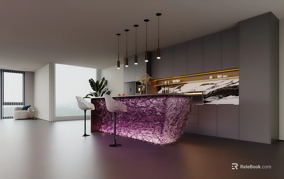 Modern Luxury Illuminated Purple Crystal Bar Counter With Comfortable Bar Stools And Pendant Lamps 3d model 