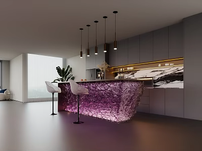 Modern Luxury Illuminated Purple Crystal Bar Counter With Comfortable Bar Stools And Pendant Lamps 3d model