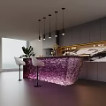 Modern Luxury Illuminated Purple Crystal Bar Counter With Comfortable Bar Stools And Pendant Lamps