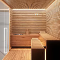Modern Wooden Shower Sauna Interior Design With Glass Door And Warm Lighting