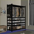 Black Organized Wardrobe Storage Shelf With Hanging Clothes Shoes And Boxes