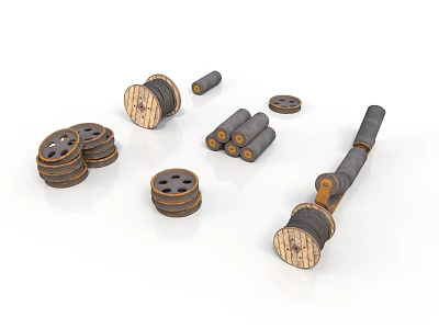 Wooden Spools And Metal Cylinders In Various Sizes Stacked On White Background 3d model