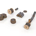 Wooden Spools And Metal Cylinders In Various Sizes Stacked On White Background