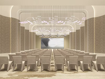 Modern Conference Room Interior Design With Rows of Seats Large Screen And Ceiling Lighting 3d model