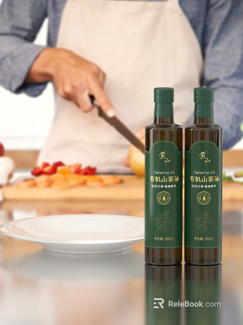 Organic Camellia Oil Bottles In Kitchen Cooking Scene 3d model 