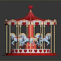 Kids Fun Red Carousel Ride with Blue Horses Heart Decor and Gold Frame