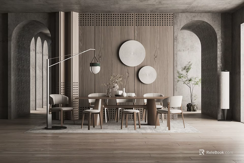 Modern Restaurant With Wooden Wall Arched Structures Circular Decor Dining Table Chairs And Green Plant 3d model 