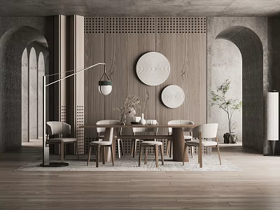 Modern Restaurant With Wooden Wall Arched Structures Circular Decor Dining Table Chairs And Green Plant 3d model