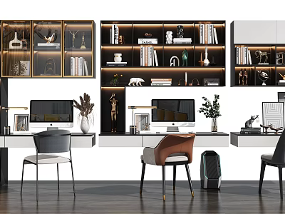 Modern Office Desks With Comfortable Chairs Bookshelves And Decorative Plants 3d model