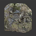 Cartoon Scene of Japanese Style Hut on Rock with Moss Stone Stairs and Trees