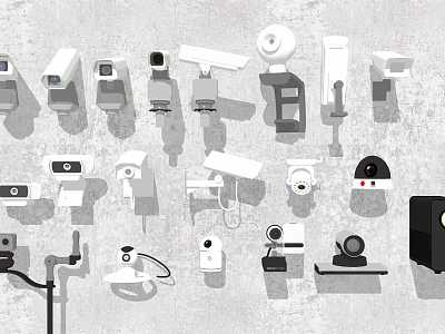 Various Types of Security Surveillance Cameras and Monitoring Devices Display Collection 3d model