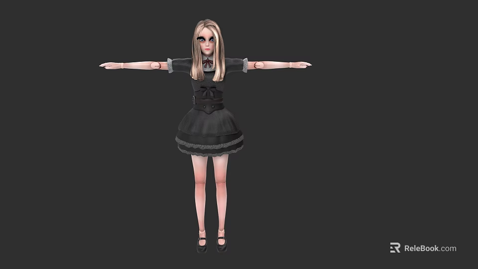Woman With Blonde Long Hair In Black Dress Arms Outstretched On Dark Background 3d model 