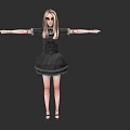 Woman With Blonde Long Hair In Black Dress Arms Outstretched On Dark Background