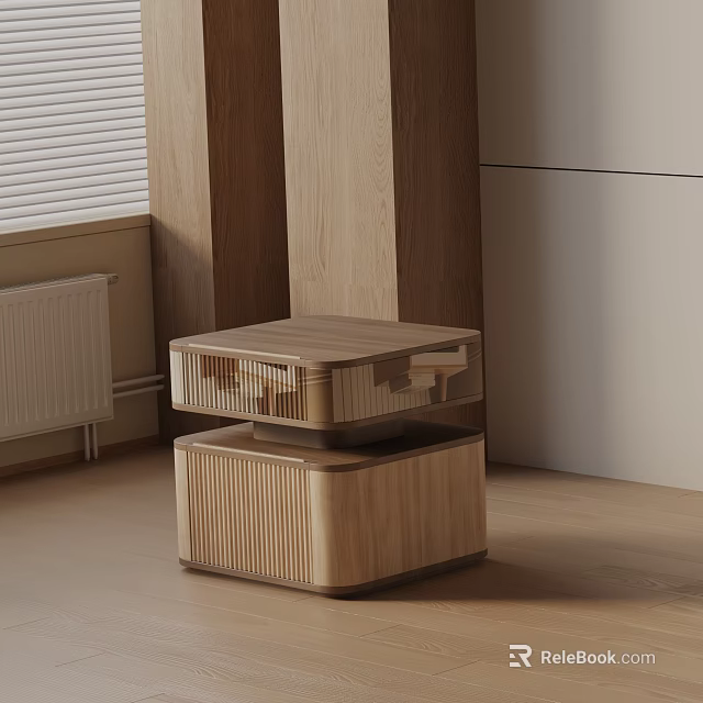 Modern Wooden Bedside Table with Two Tiered Layered Design in Minimalist Bedroom Interior 3d model 