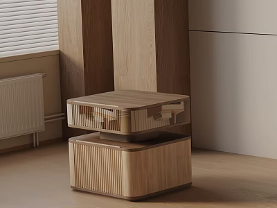 Modern Wooden Bedside Table with Two Tiered Layered Design in Minimalist Bedroom Interior 3d model