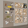 Pegboard Wall with Bulletin Boards Notes Decorations and Shelves in Room 3d model