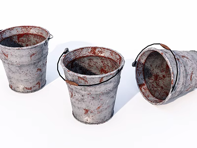 Industrial Equipment Three Rusty Metal Buckets With Handles And Vintage Look 3d model