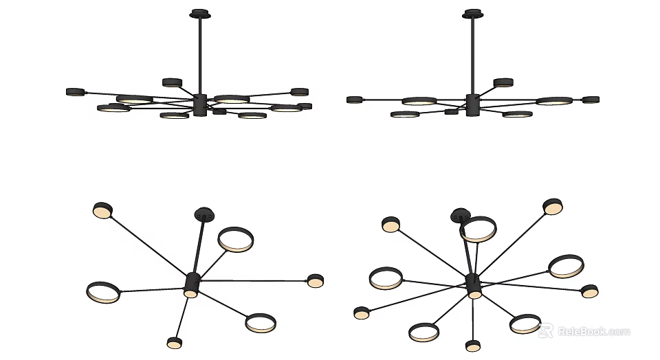 Modern Chandelier Designs With Black Frame Circular Lampshades And Bulbs 3d model 