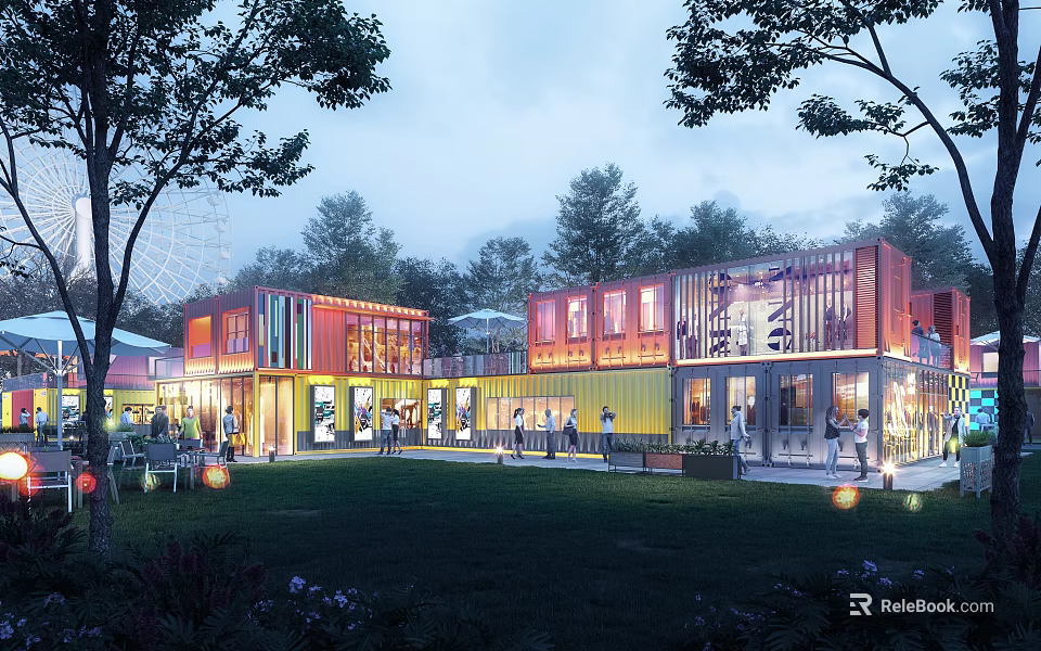 Vibrant Container Commercial Street With Pedestrians Trees And Outdoor Area In Evening 3d model 