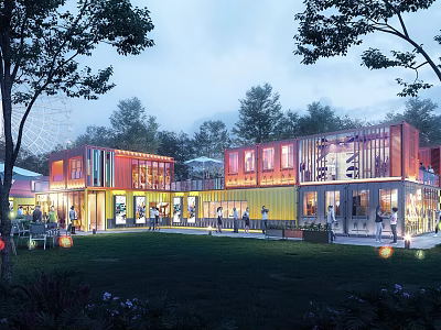 Vibrant Container Commercial Street With Pedestrians Trees And Outdoor Area In Evening 3d model