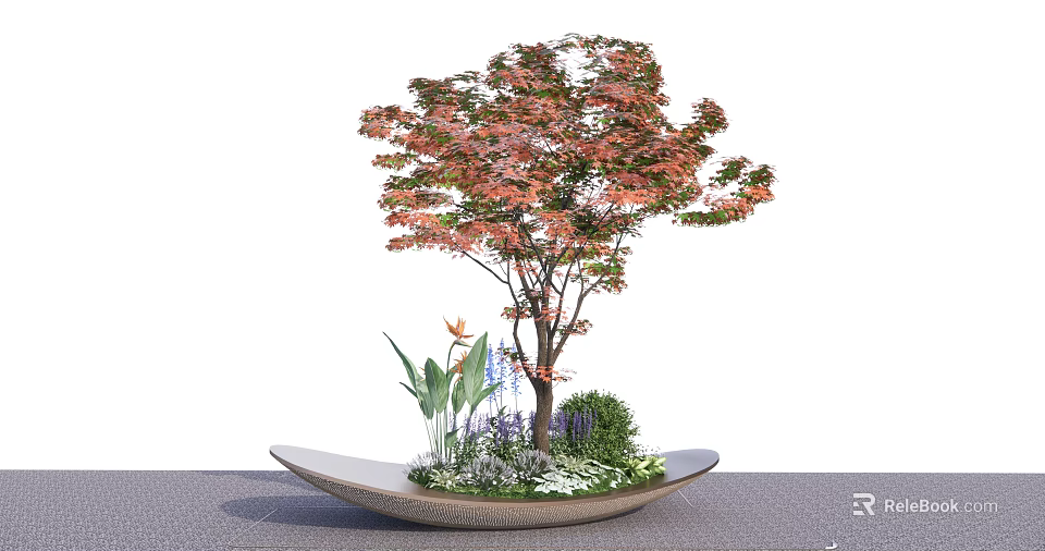 Modern Decorative Tree Pit With Red Leaf Tree And Small Plants 3d model