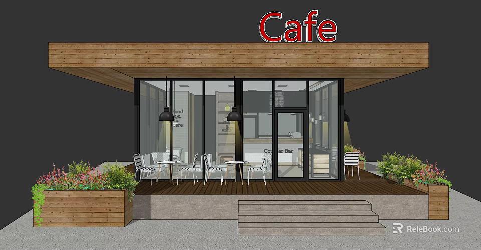 Modern Cafe Exterior With Wooden Roof Glass Facade And Patio Seating 3d model 