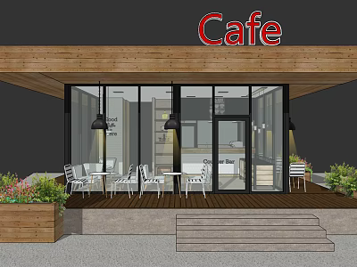 Modern Cafe Exterior With Wooden Roof Glass Facade And Patio Seating 3d model