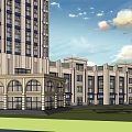 Modern Commercial Building With High Rise Tower Digital Billboard Pedestrians And Vehicles On Street