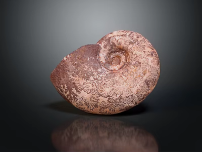 Public Museum Ammonite Fossil Exhibit With Brown Patterns On Black Background And Reflection 3d model
