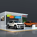 Display shelves for car exhibition booth with white and orange cars and colorful decorations