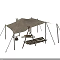Outdoor Canvas Canopy Furniture With Wooden Pole Supports And Stacked Logs