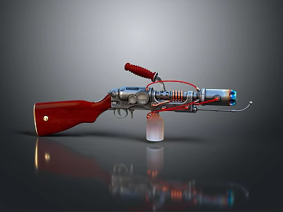 Steampunk Weapon Rifle With Red Wooden Stock Silver Metal Parts And Mechanical Design 3d model