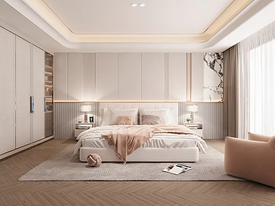 Modern Bedroom Interior Design With Bed Nightstands Table Lamps Rug And Accent Chair 3d model